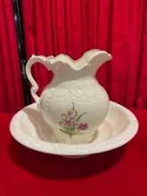 Vintage Off White Ceramic Pitcher w/ Flower & Wash Bowl. Very Good Condition. See pics.