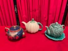 3 pcs Vintage Ceramic Tea Pots. Green Wedgwood Plate, Gibson Blue Pot & More! See pics.