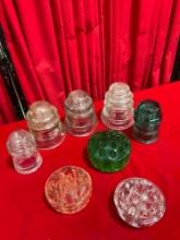 8 pcs Vintage Glass Assortment. 5x Insulators & 3x Flower Frogs. See pics.