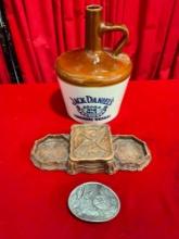 3 pcs Decor Assortment. Jack Daniel's Ceramic Jug, Pewter? Belt Buckle & More. See pics.