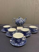 11 pcs Cobalt Blue Transferware by Calico, Burleigh pattern, made in England, Cups, Saucers & Tea...