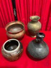 4 pcs Vintage Decor Assortment. Peruvian? Pot, Copper Pot, Brass Vase & More! See pics.