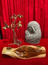 3 pcs Fun Souvenir Gift Assortment. Painted Metal Monkey Tree, Wood Candle Holder. See pics.