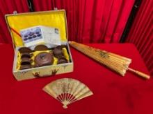 3 pcs Charming Asian Souvenir Assortment. Paper Fan, Brass Fan & Ceramic Tea Set. See pics.