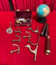 10 pcs Vintage Decor & Toy Assortment. Brass Duck Hangers, Telescope, Globe & More. See pics.