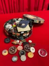 Vintage Button Collection in Sweet Black Floral Tin Box. Good Condition. See pics.