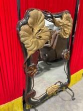 Lovely Vintage Art Nouveau Style Mirror in Wooden Frame w/ Gilded Carved Flowers. See pics.