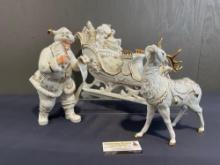 White & Gold Trimmed Ceramic Christmas Decor, Santa, Sleigh & 1 Reindeer