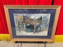 Framed Original Painting of a Blue House. Measures 42" x 34" Excellent Condition. See pics.