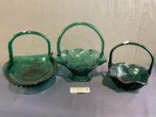 3 Fenton Pressed Glass Baskets, varieties of Green, larger is 12h x 11w x 11d inches