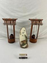 3 pcs Vintage Japanese Wooden Art Assortment. 2 Bamboo Well Statuettes, 1 Thermometer. See pics.