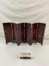 Vintage Small 6-Panel Folding Wooden Divider w/ Painted Ladies & Goldfish. Shell Inlay. See pics.