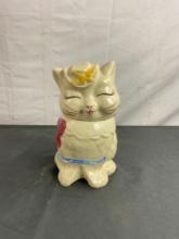 Vintage Puss n Boots Ceramic Cat Cookie Jar w/ nice handpainted design - See pics