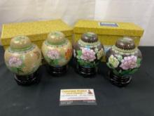 4x Chinese Cloisonne Vases w/ Lids, pair of black & cream colored enameled pieces