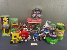 Assortment of M&Ms Collectibles, Cars, Dispensers, Candy Jar, Blanket, Plush & Figures, 15 pieces