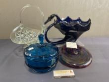 4 Art Glass Pieces, Viking Glass Candy Dish, Fenton Basket, Cobalt Swan Shaped Bowl, Handblown pi...
