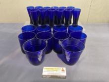 24 pieces of Cobalt Blue Glasses, 14 thin shot glasses, 4 old fashioned & 2 cups