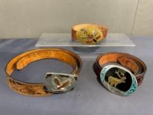 Three Western Leather Belts w/ Large Etched & Ornamented Buckles, Inlaid Turquoise, MOP, and more