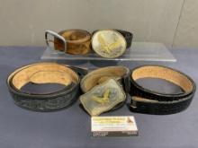 5 Western Leather Belts w/Large Etched German Silver Buckles, Eagle Emblem & Worked Leather Designs