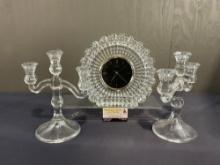 Crystal Lofty Japanese Quartz Mantel Clock, & Pair of Crystal Candelabras