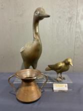 Bronze Goose Figure, Cast Brass Bird & Etched Copper Handled Vessel