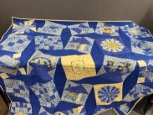 Large Blue & Yellow Quilt, approx 64 x 70 inches, various patterns, w/ sewn on buttons