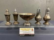 5 Pieces of Crown, Wild Rose, Sterling Silver, 4 S&P Shakers & footed bowl, 441.5 grams ttw