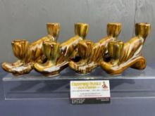 4x Dryden Hot Springs Arkansas, Brown Glazed Candleholders, approx 5h x 7w x 3d inches