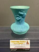 Early 20th Century Van Briggle Blue Glazed Pottery Vase, Floral Relief Design, 5.5 inches tall
