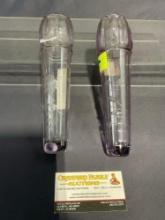 Rare Pair of Tulip shaped Purple Etched Glass Car Vases, 8.5 inches long, 2 inch in diameter