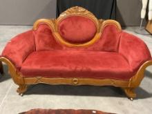 Westlake Walnut Loveseat Settee On Wheels, Light Red upholstery, 36h x 64w x 28d inches