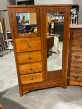 Vintage Oak Wardrobe w/ working key, 4 drawers & 2 mirrored cabinet doors, 62h x 38w x 16.5w inches