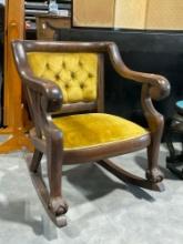 18th Century Claw Foot & Ball Rocking Chair, Bright Yellow upholstery, 33.5h x 26.5w x 33.5d inches