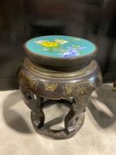 Chinese Side Table w/ Large Cloisonne Scene, Gold painted details throughout, 19.5h x 17d inches