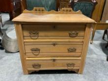 Antique Chest of Drawers, 3 locking Drawers (no key) w/ ornate bronze drawer pulls & Keyholes