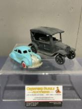 Pair of Cast Iron Cars, Antique 1920s Model T & 1930s Chrysler Airflow Toy Car, approx 6 inches l...