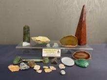 Assortment of Stones, Crystal Prism, Agate Slice, Gua Sha Jade Roller, Red Marble Pyramid