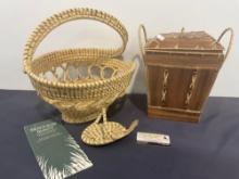Sweetgrass Basket & Mini Basket, Cedar Plank Woven Basket w/ Lid