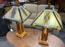 Pair of Modern Arts & Crafts Style Table Lamps w/ Slag Glass Shades. Tested, Work. See pics.
