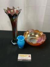 Trio of Art Glass Pieces, Swung Iridescent Bud Vase, Small Blue Hobnail & Jeanette Marigold Bowl