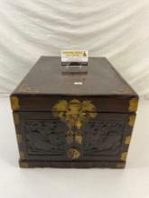 Antique 1800s Chinese Portable Folding Ornately Carved Wooden Vanity w/ Mirror & Brass Accents