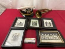 US Navy Cap, Bugle, and 5 Framed Small Navy Photos, 4 x 6 & 5 x 7 inches