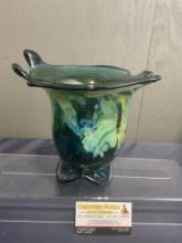 Signed Art Glass Vase, Stacy Hall, Iridescent finish on Blue Glass, 9 inches tall