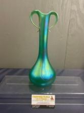 Muller Signed Art Glass Bud Vase, Iridescent Green, 2 Folded Handles, 12.5 inches tall