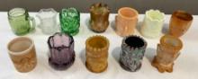 12 pcs Vintage Toothpick Holder. 11x Glass, incl. Boyd Brown Slag. Excellent Condition. See pics.