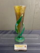 Signed Art Glass Vase, V-Shaped Yellow w/ Green Base & pair of Leaves, 10 inches tall