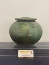 Raku Fired Lidded Vase, Dark Green, approx 7.5h x 8w x 8d inches