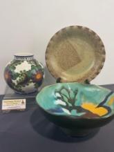 Handpainted Danish Vase, Stoneware Plate & Handmade Stoneware Pottery Footed Bowl