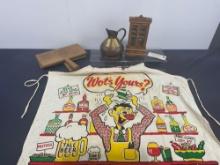 Fun Vintage Apron, Brass & Copper Pitcher, Wool Grabber, Mini Cabinet Music Box that plays Fur El...