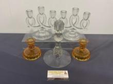 2 Fostoria Accents Candelabras, 2 Fenton Candle holders, & Tiffin-Franciscan Candle Holder